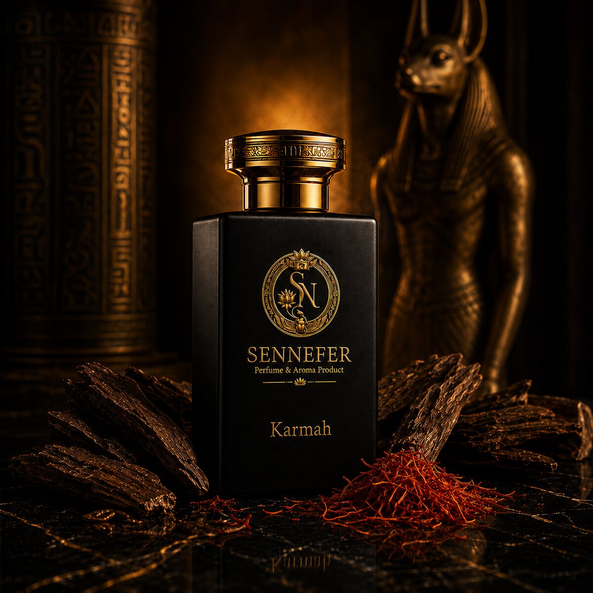 SENNEFER Karmah matte-black extrait du parfum bottle lit by warm amber light beside a gilded Anubis statue and hieroglyph columns