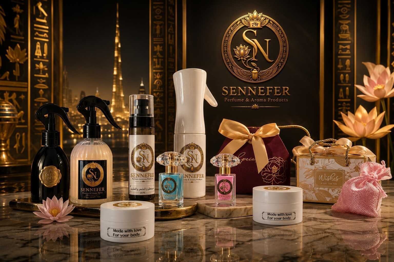 The full SENNEFER collection arranged on marble with the Dubai skyline behind
