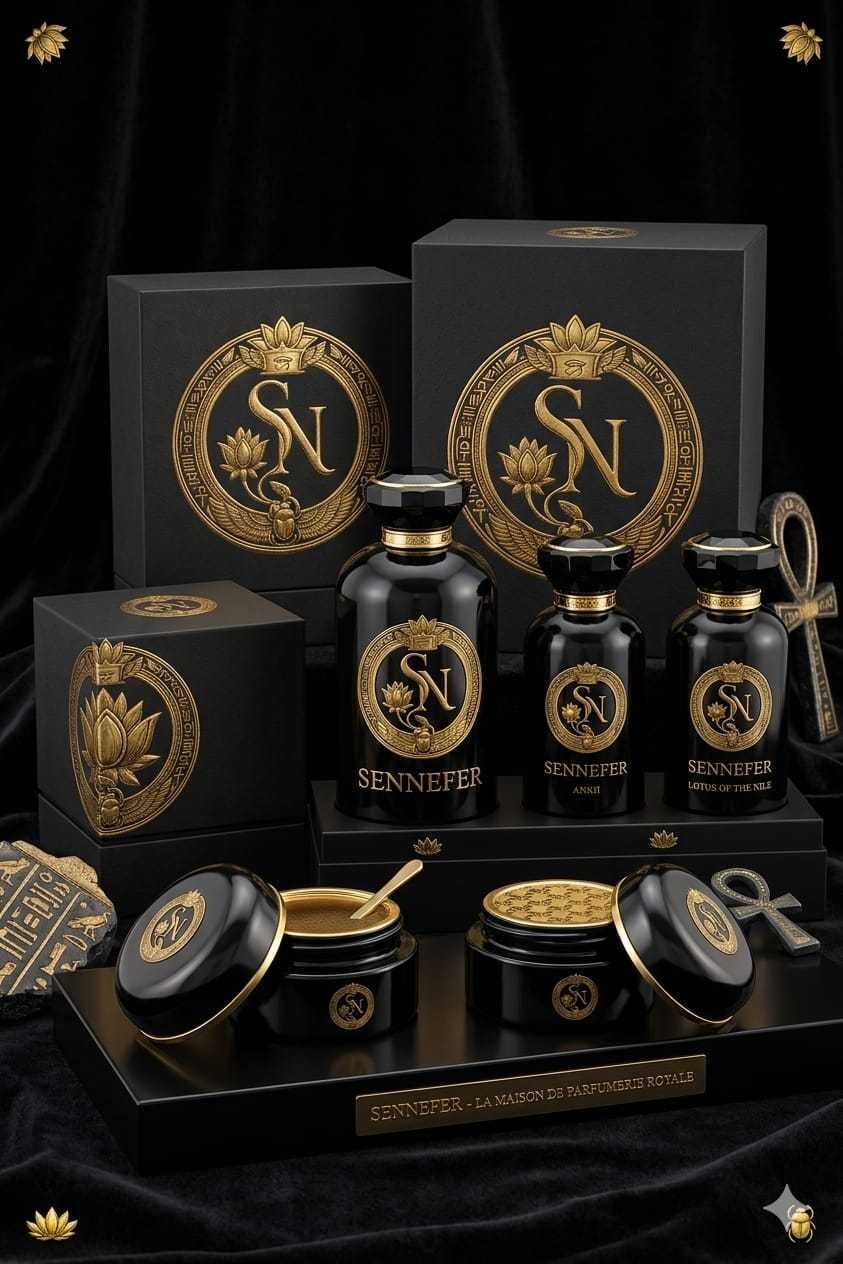A dark studio arrangement of SENNEFER boxes, jars and gift pouches