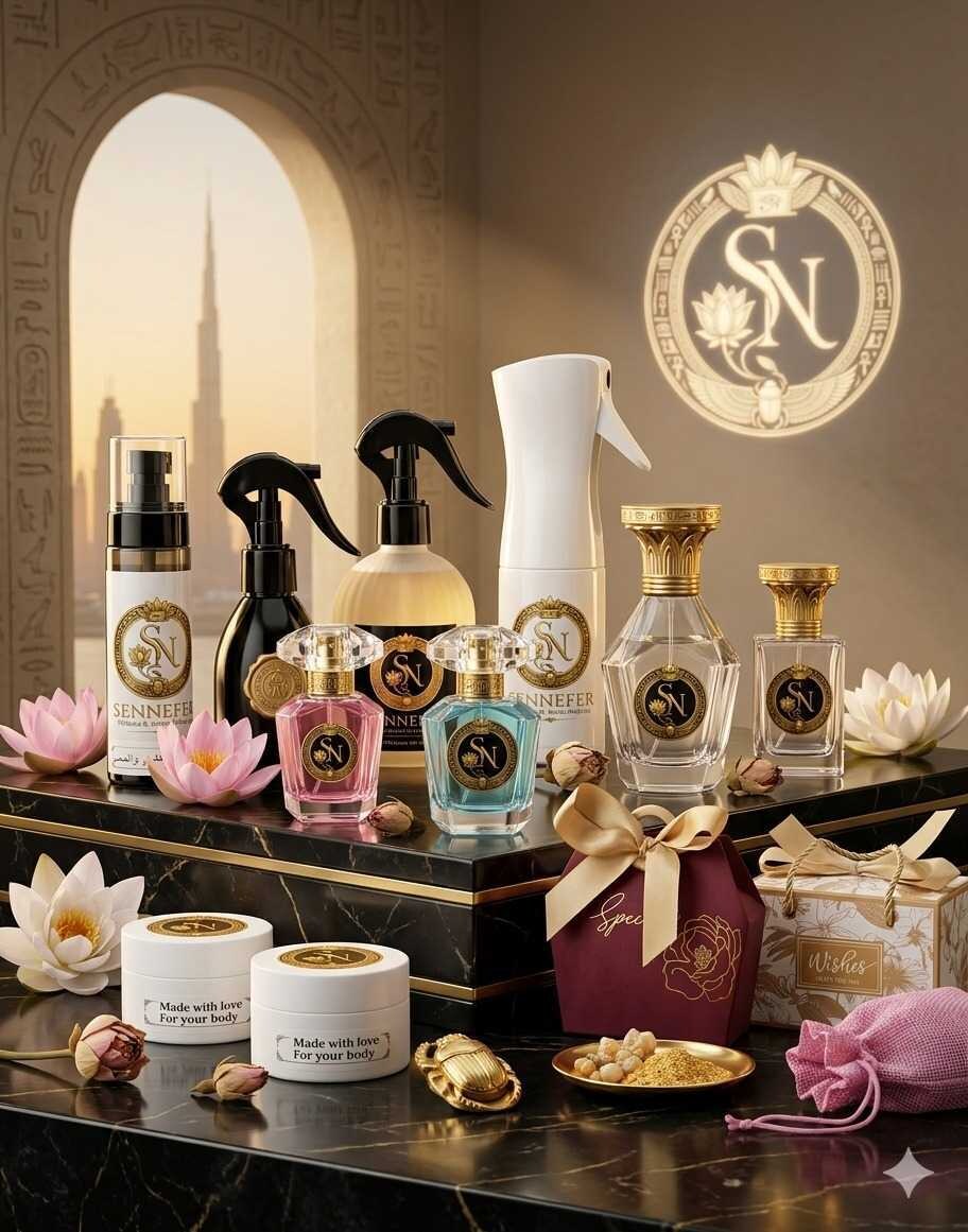 The SENNEFER range presented with lotus blooms against a dark backdrop