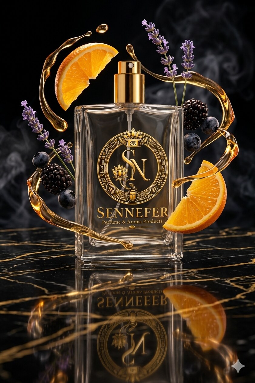 A SENNEFER extrait bottle framed by lavender, orange slices and drifting smoke