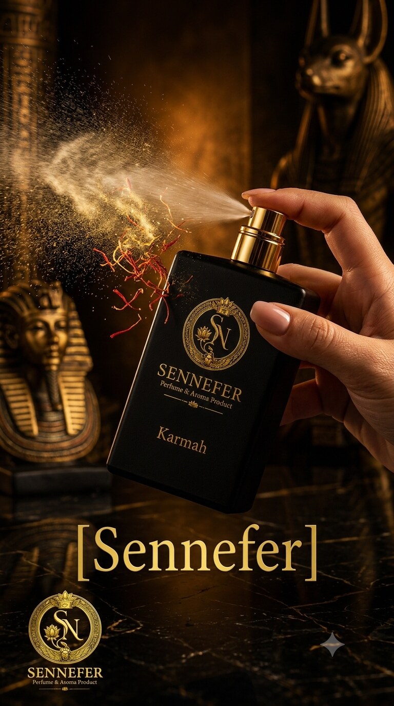 A hand misting the SENNEFER Karmah extrait beside a golden pharaoh mask