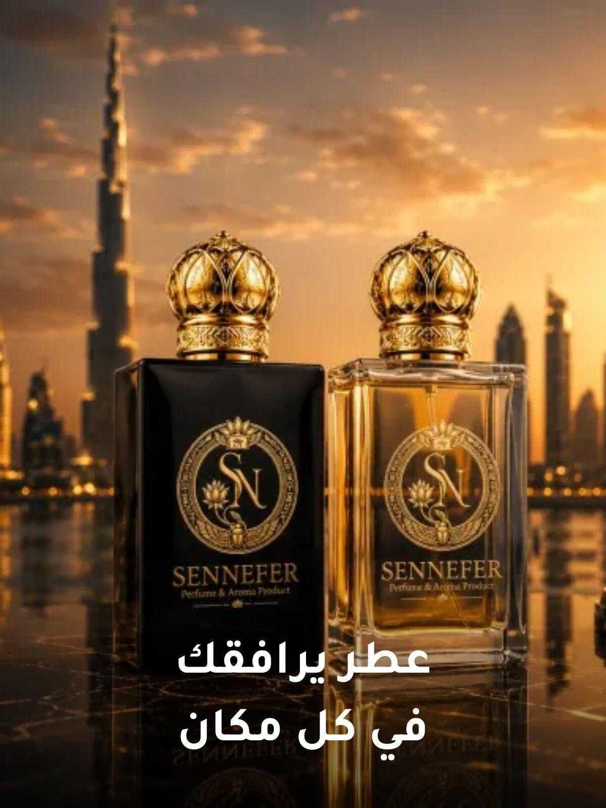 A SENNEFER bottle before the Burj Khalifa at golden hour