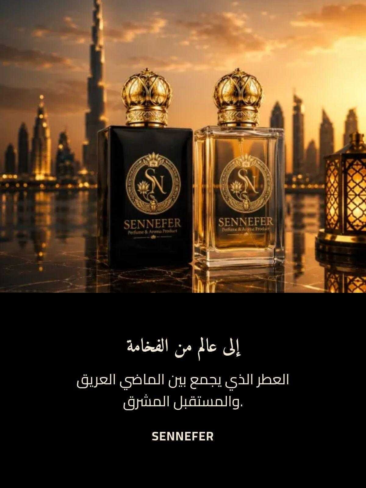 A SENNEFER bottle set against a Dubai mosque skyline at sunset