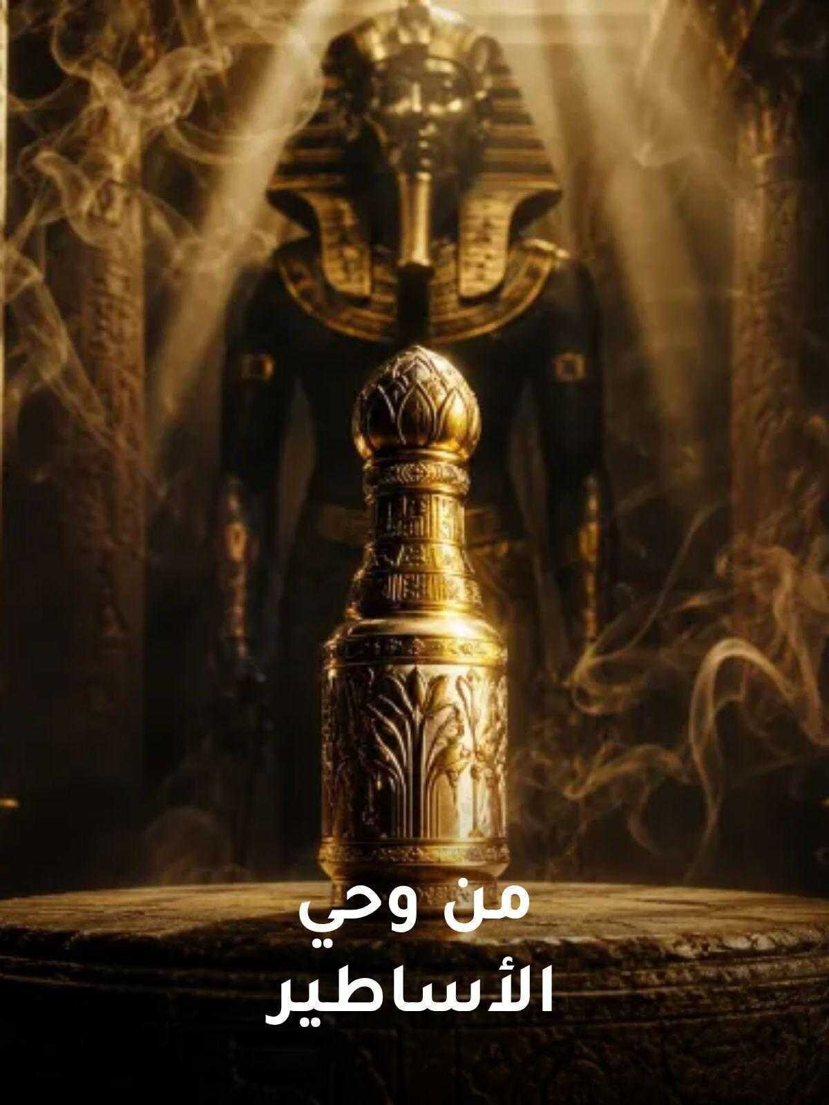 A golden pharaonic statue rising beside the SENNEFER extrait, born of legend