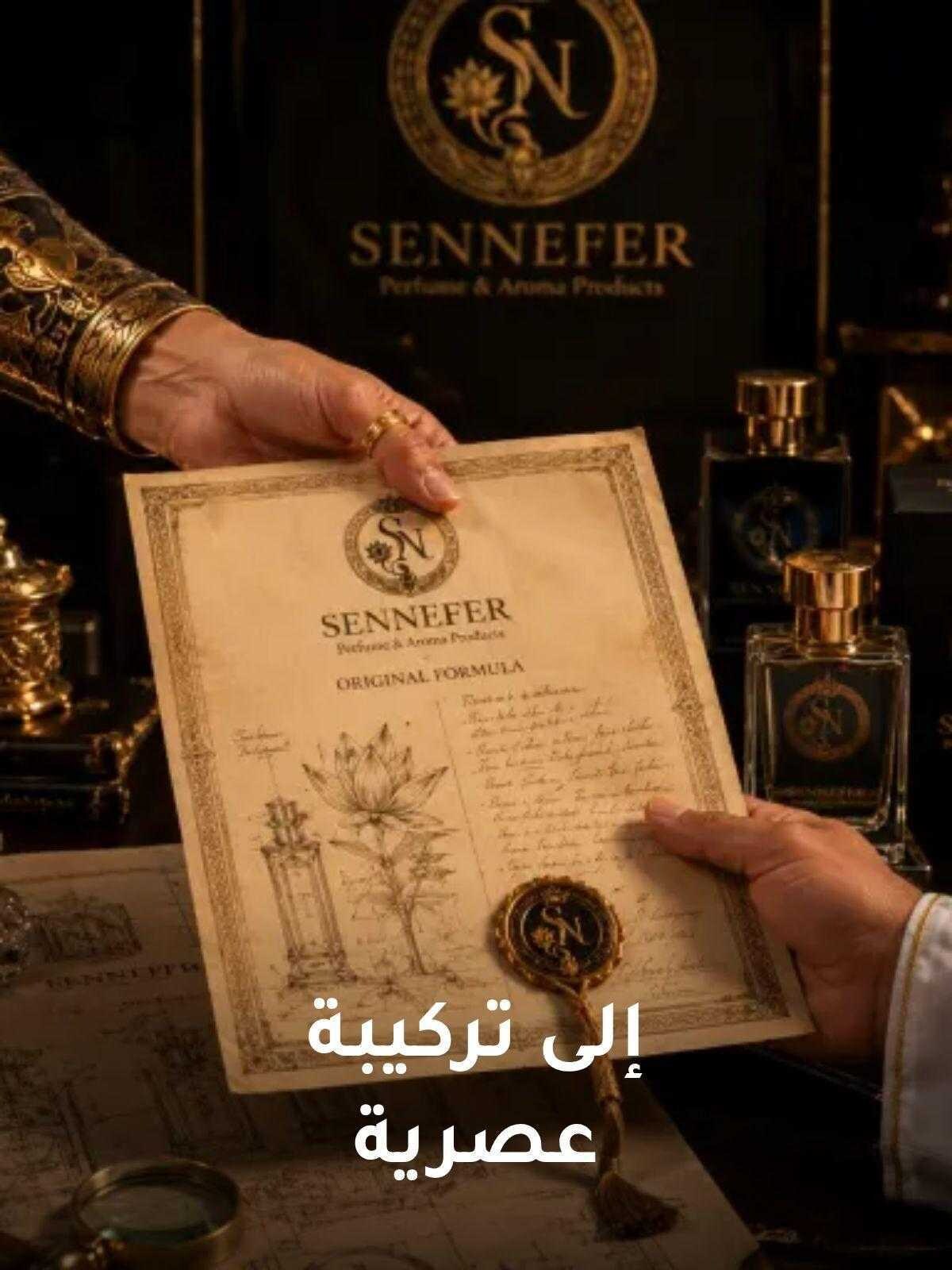 A hand offering the SENNEFER certificate beside the bottle and saffron