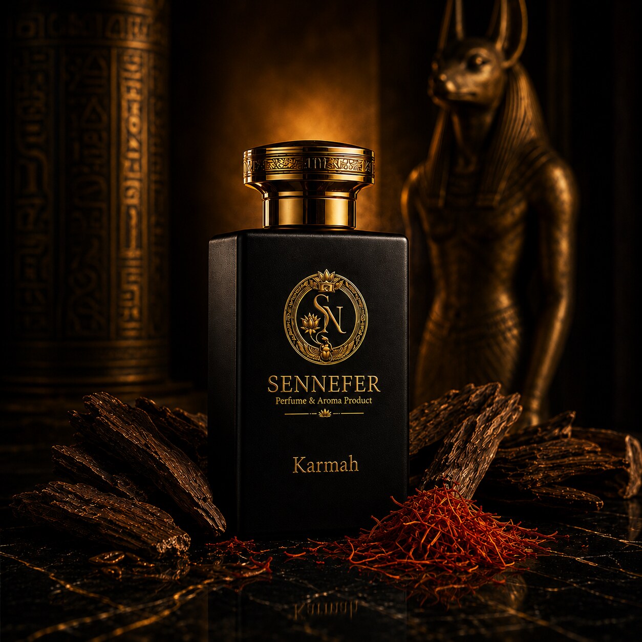 The black SENNEFER Karmah bottle resting on strands of saffron