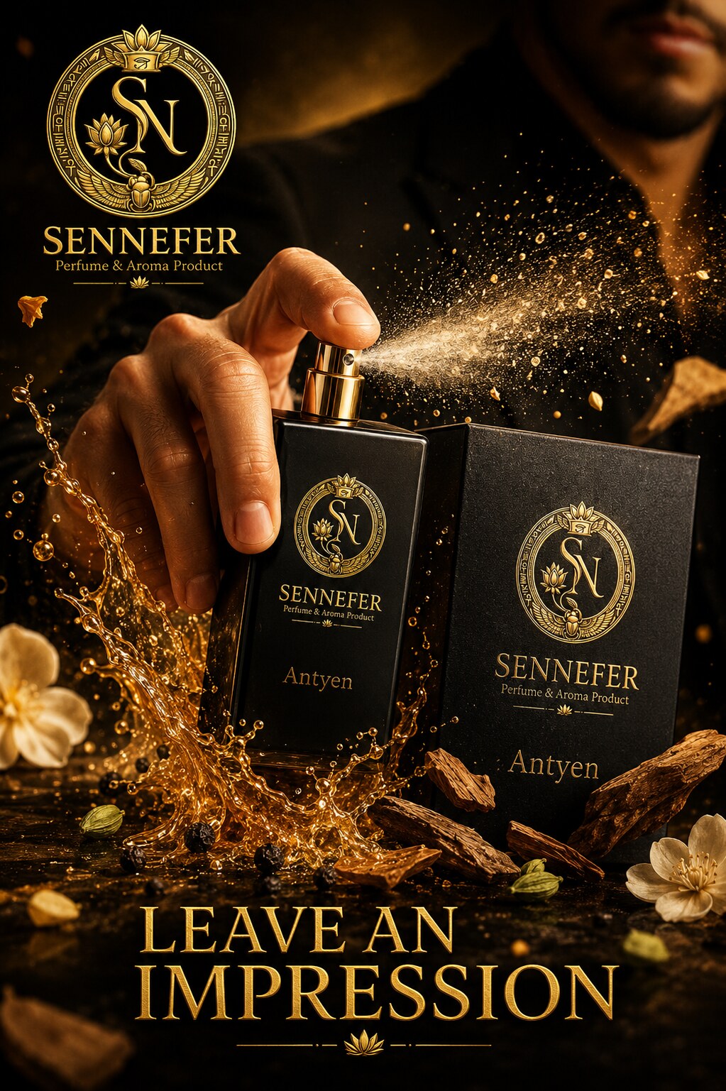 SENNEFER bottles caught in a golden swirl — leave an impression