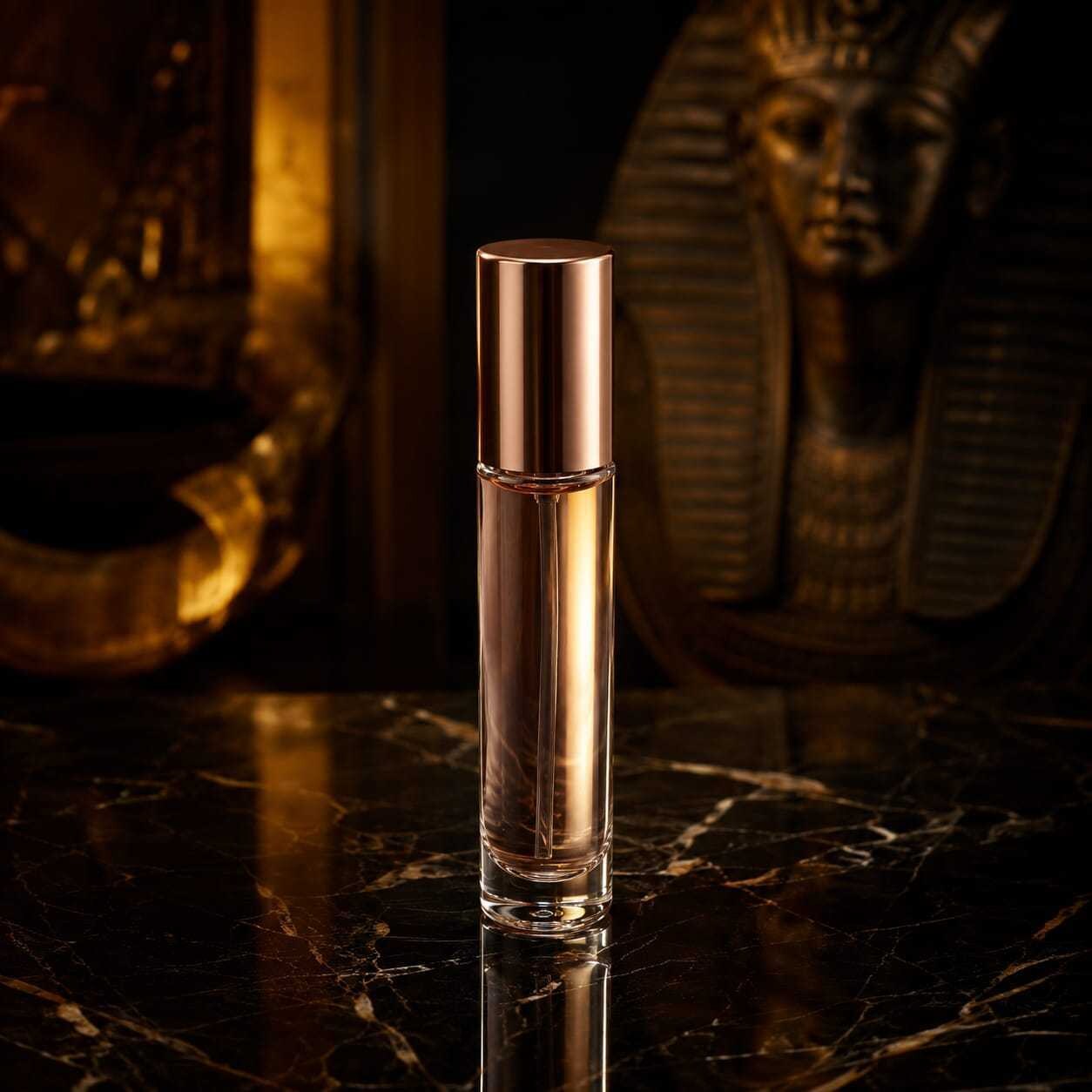 A SENNEFER travel spray on marble beside a golden pharaoh mask