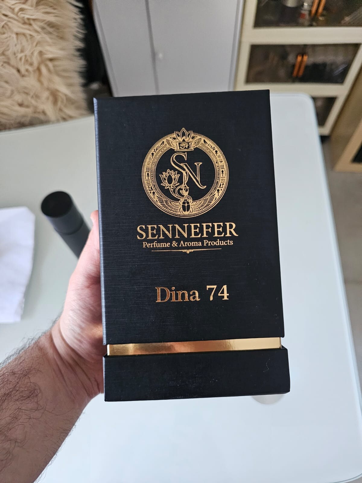 A hand holding the SENNEFER Dina 74 presentation box