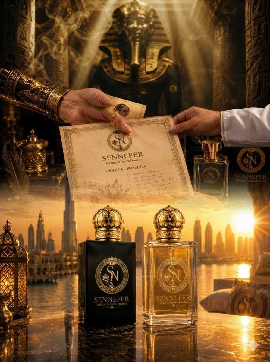 SENNEFER perfume bottles before a golden Dubai skyline at sunset with an Egyptian pharaoh tableau