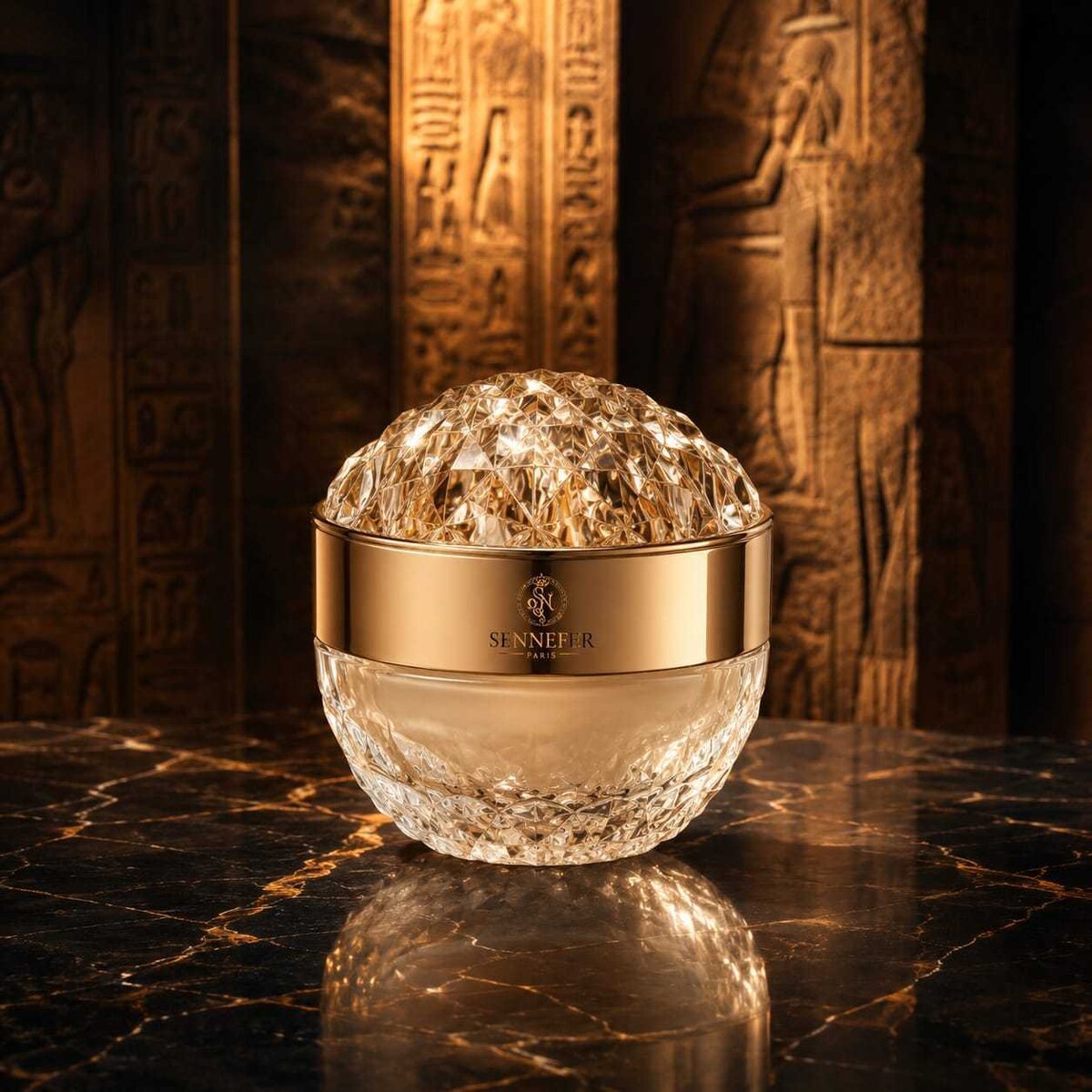 SENNEFER gold crystal body cream jar on a marble surface