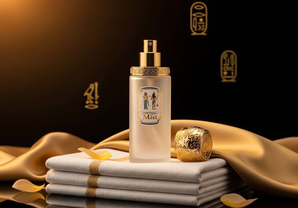 SENNEFER fabric and linen mist spray bottle resting on folded linen